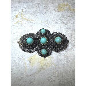 Vintage Large Statement Brooch Silver Tone with Turquoise Stones